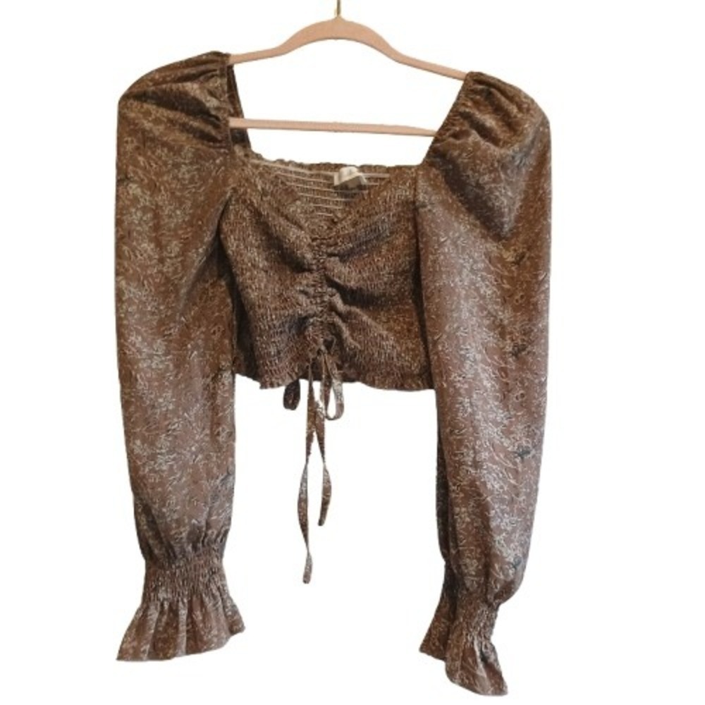 Blush J Style T3070 Brown Floral Smocked Ruched Front Puff Sleeve Crop Top S